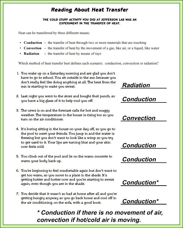 Cold Stuff - Sample Answers/Answer Keys - Heat Transfer