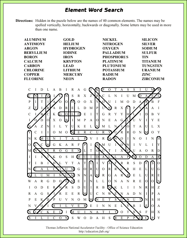 Element Word Search - Sample Answers/Answer Key - Answer Key