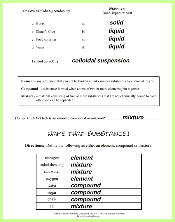 Oobleck - Sample Answers/Answer Keys - Questions