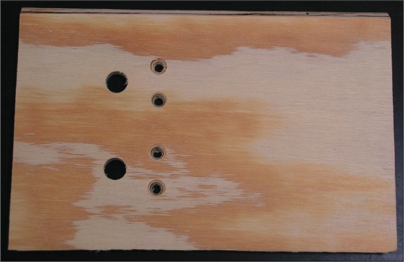 The front panel has been cut and the top and bottom edges have been given a 45° bevel. Holes have been drilled for the toggle switches (large) and green LEDs (small).